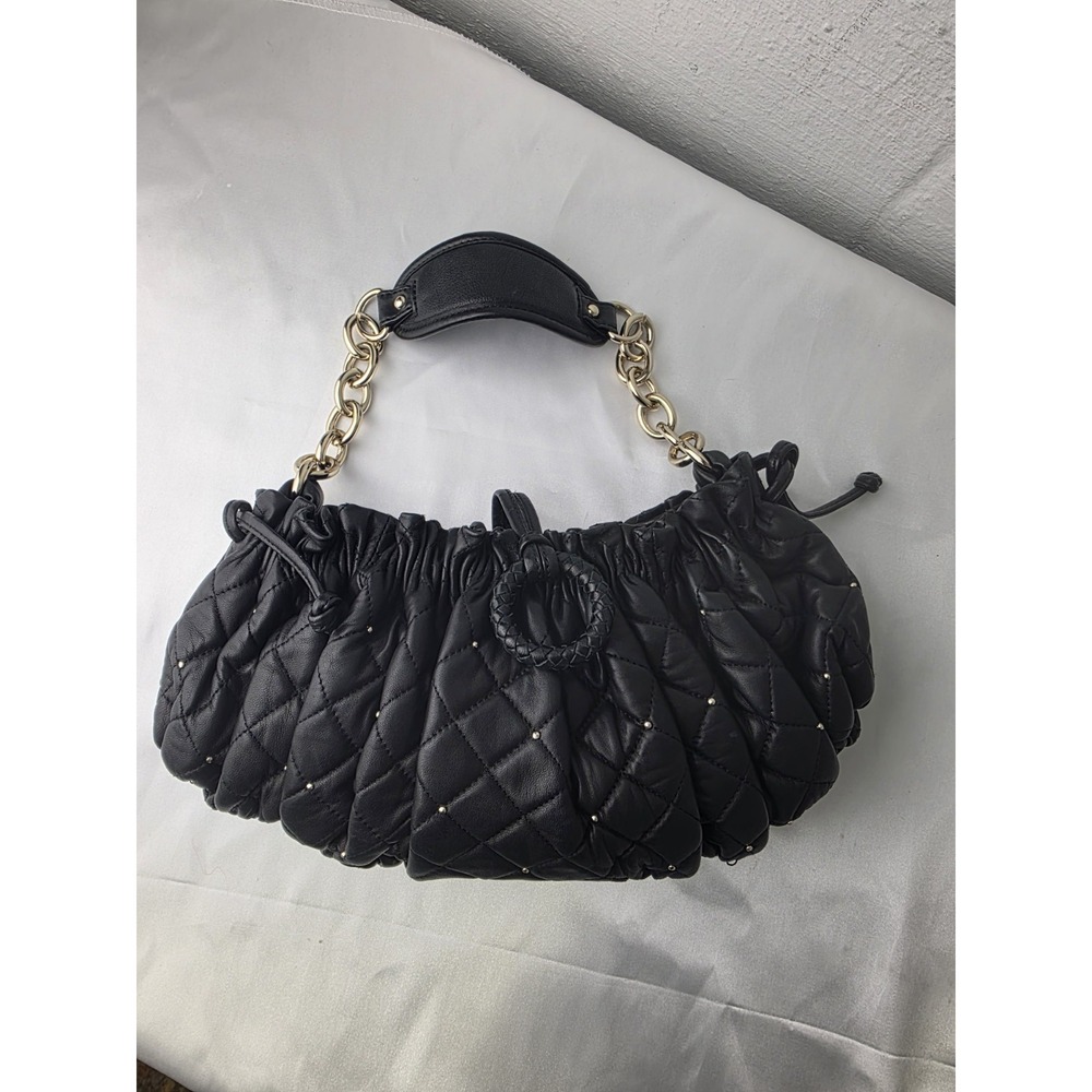BCBG MAXAZRIA Blackโ Leather Shoulder Mini Bag HOBO Studded Chain Accent Y2K